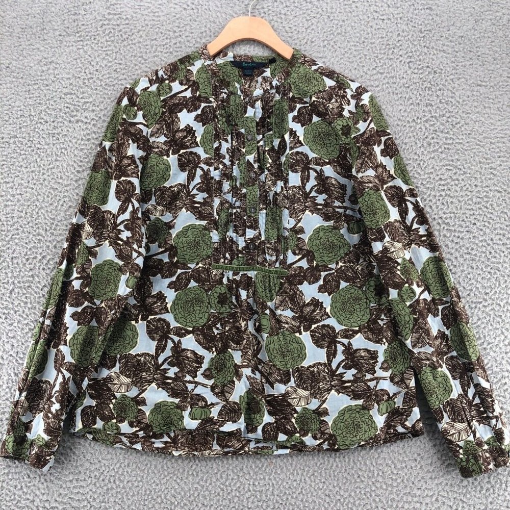 Boden Cotton Poplin Top Womens US8/UK12 Blue Green Brown Floral Long Sleeves